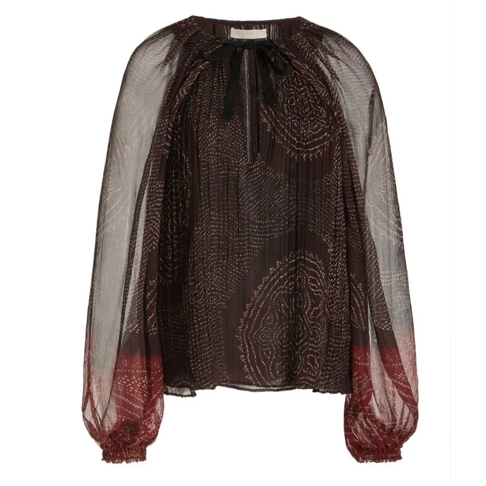 NEW Ulla Johnson Pauline Metallic Peasant Garnet Sheer Transparent Puff Sleeve 6